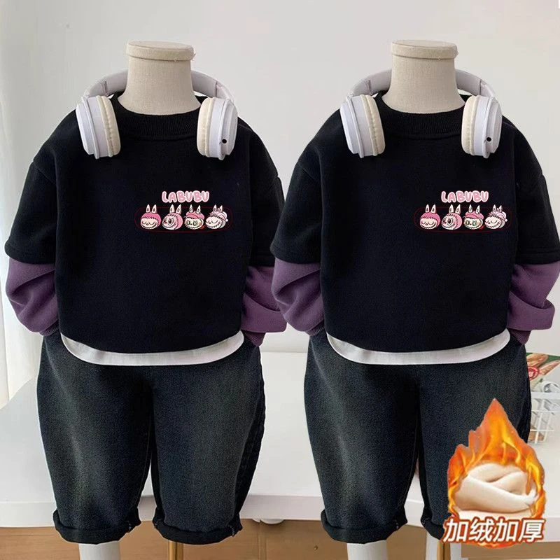 通用加绒卫衣冬装2025新款冬款儿童中大童男孩保暖假两件圆领上衣