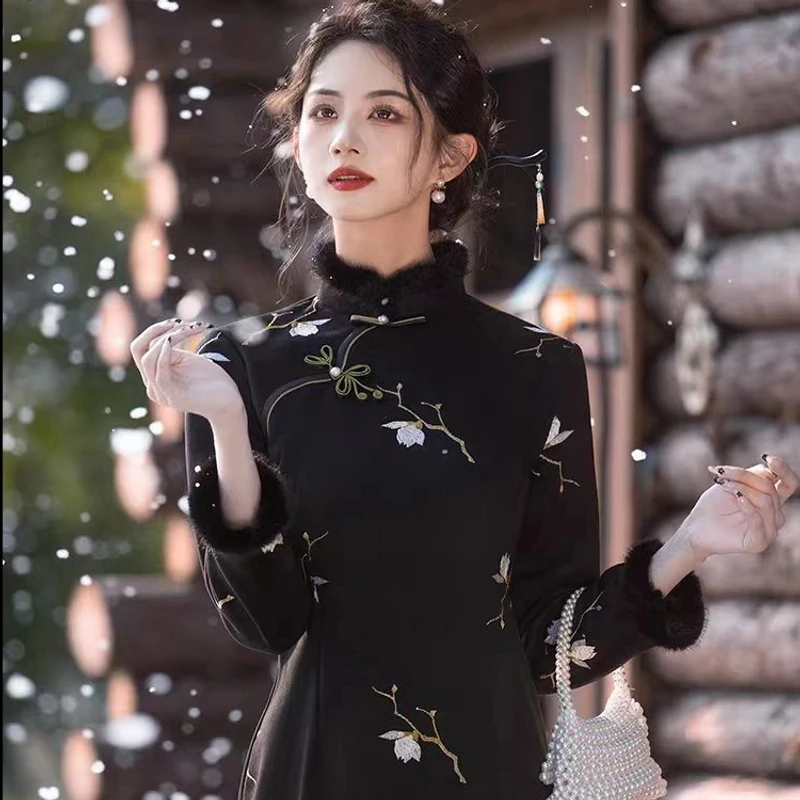 梦路 T622 冬季新款 暗夜桃花 裙长110 加绒加厚长袖旗袍