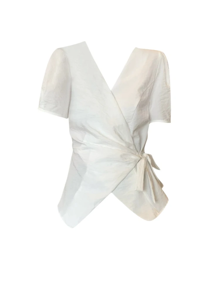 【Amy家】微胖mm设计感交叉绑带V领短袖衬衫女夏不规则显瘦衬衣上衣