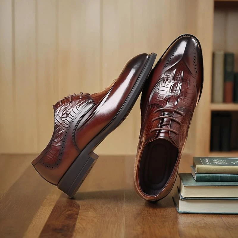 高档棕色尖头皮鞋男士夏季新款商务休闲真皮镂空透气布洛克风男鞋