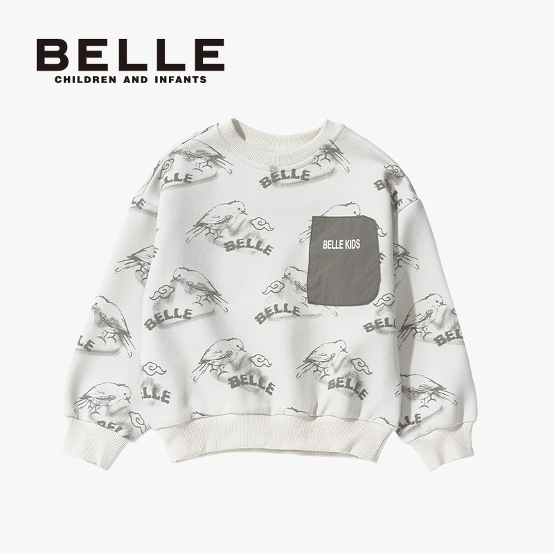 BELLE百丽满印长袖圆领休闲风日系男女童装时尚卫衣春季印花潮流