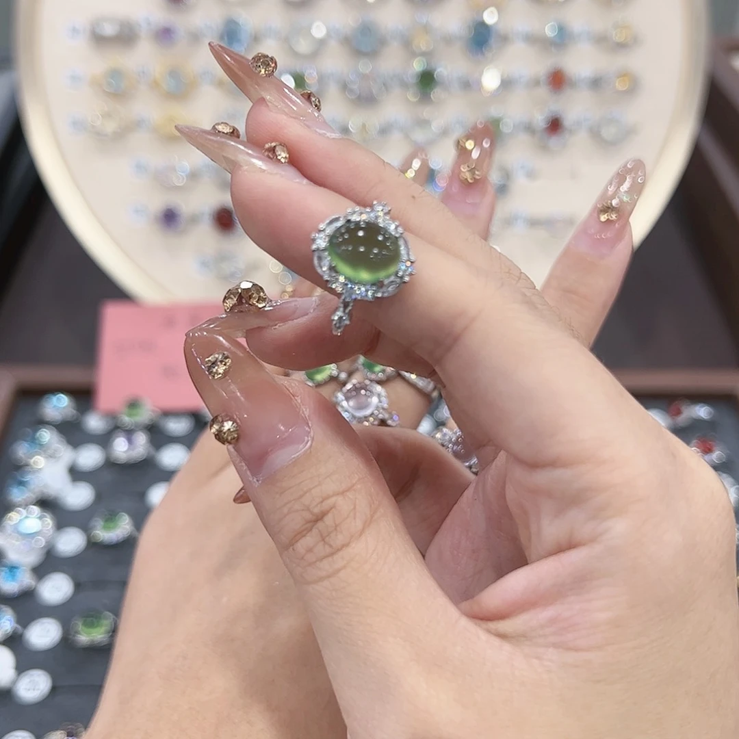 蛇纹石玉戒指银S925镶嵌可****员