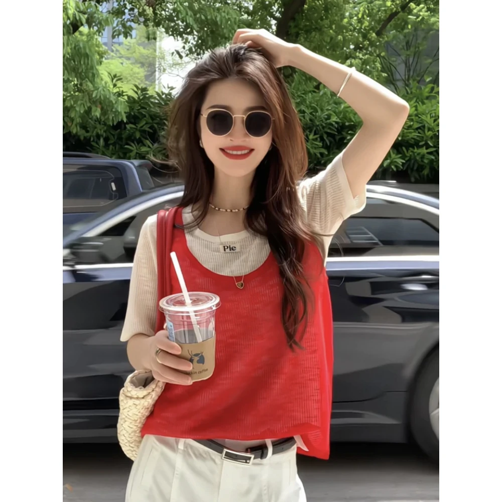 今年流行爆夏日穿搭真两件短袖针织衫女装2025夏季新款洋气上衣服