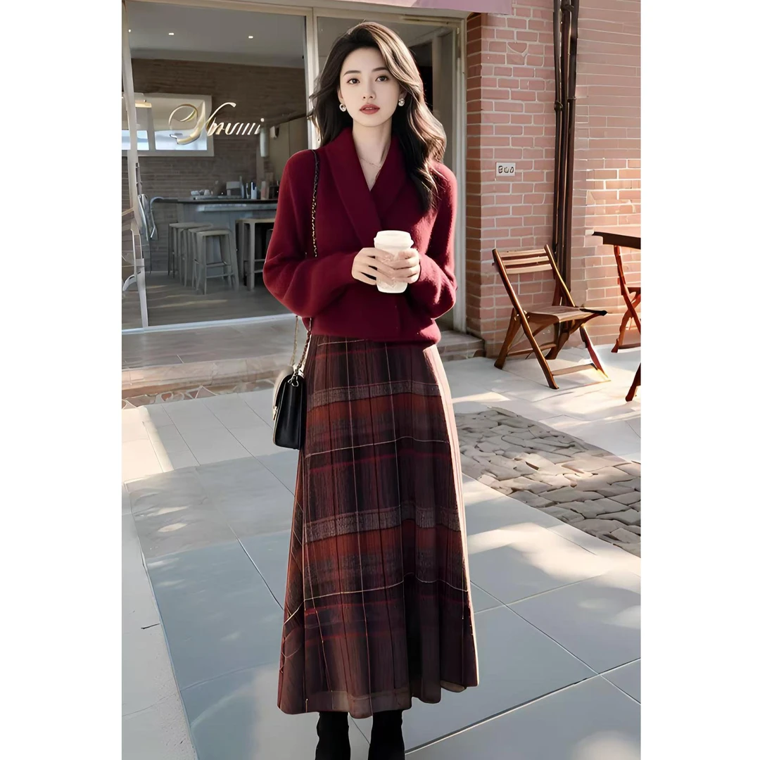 入冬穿搭一整套小香风红色高级感加厚毛衣针织裙子两件套装女冬季