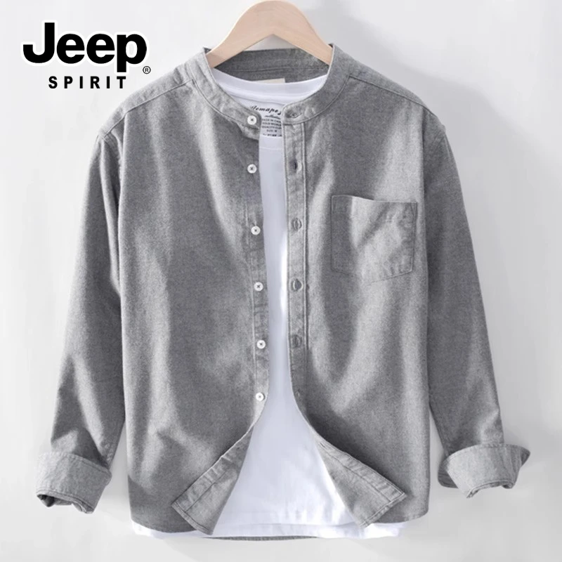 JEEPSPIRIT吉普日系复古男春夏纯棉长袖衬衫宽松休闲衬衣立领外套