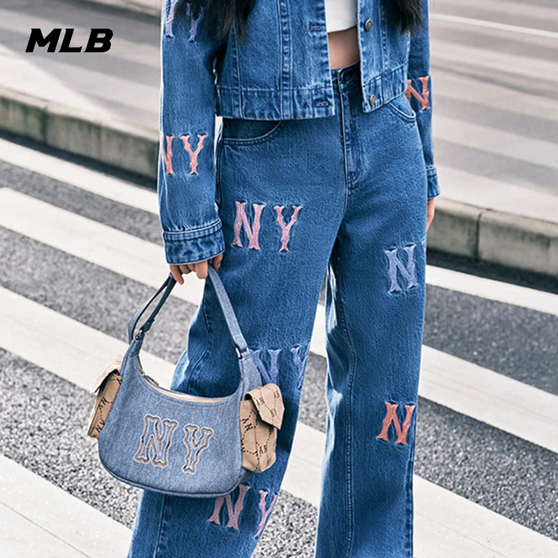 MLB牛仔长裤女裤2025夏季新款经典复古老花系列休闲裤子3FDPG0144