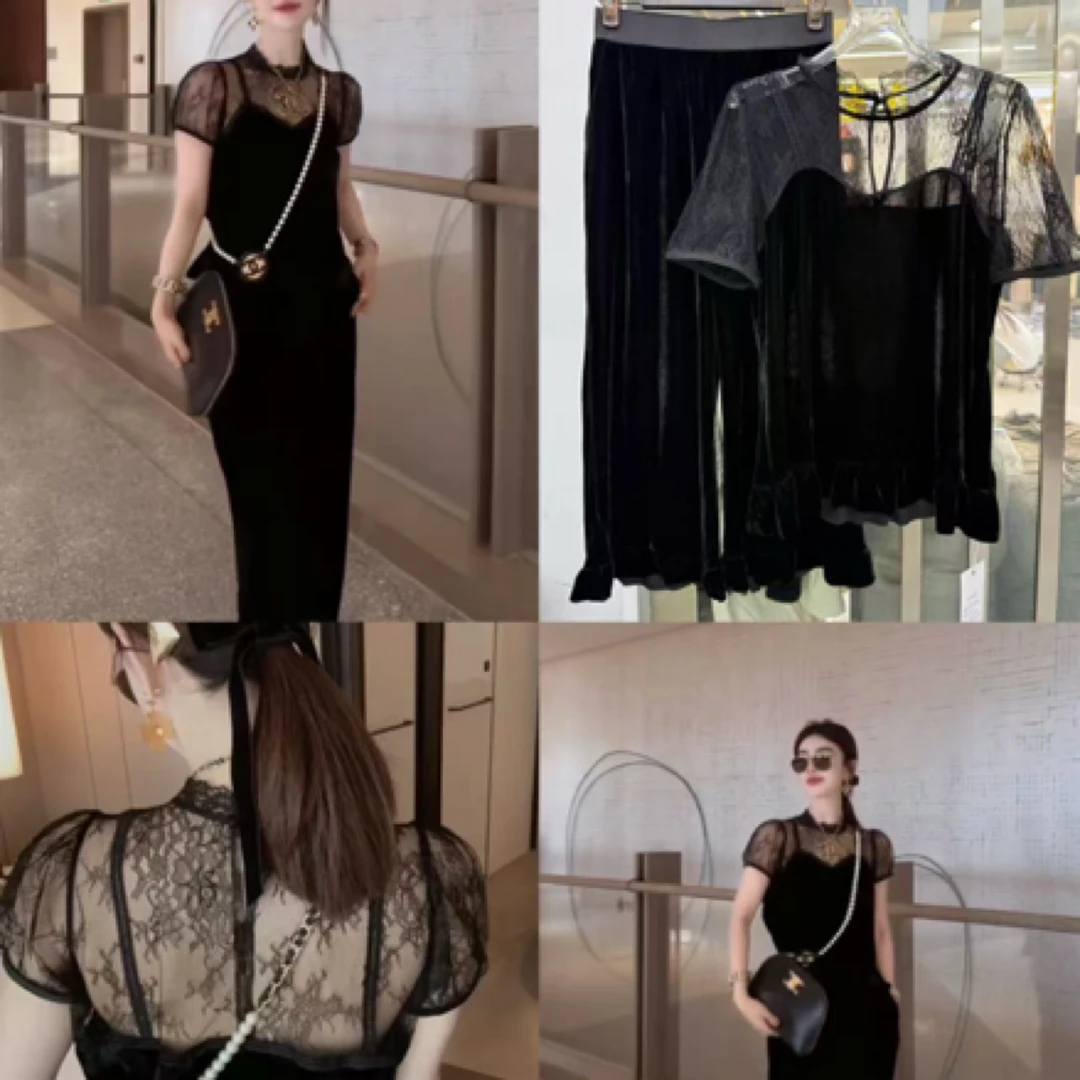 夏季新款蕾丝拼接短袖上衣搭配长裤时尚套装