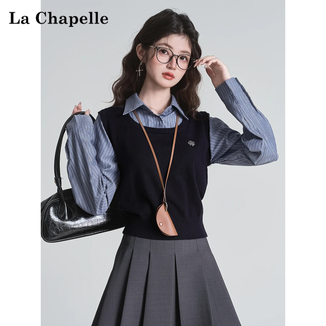 拉夏贝尔设计学院风短款藏蓝针织假两件拼接短袖衬衫女秋休闲上衣