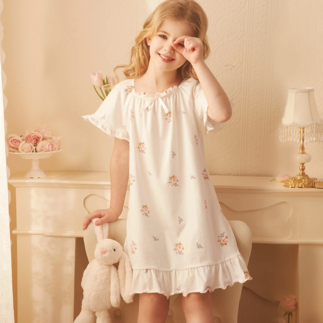 Rosetree儿童纯棉睡裙女童夏季公主可爱印花宝宝短袖薄款女孩睡衣