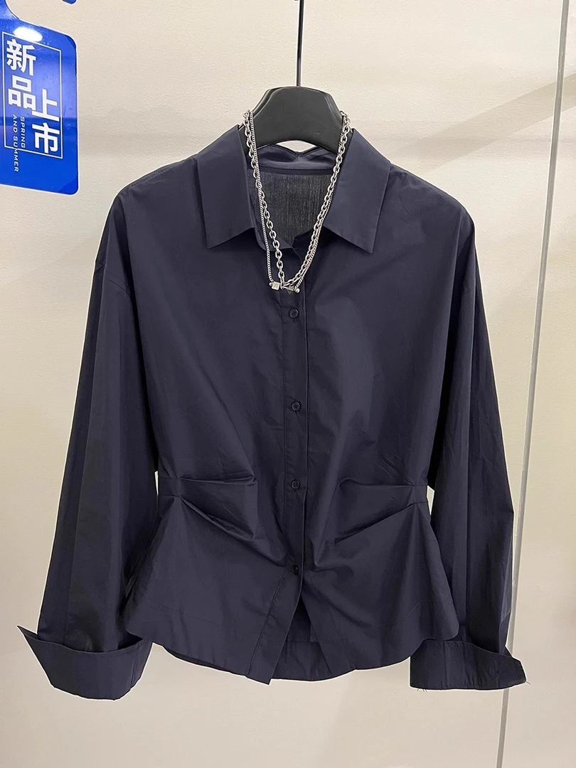 欧货高端褶皱收腰长袖衬衫女2025秋装新款气质小个子短款翻领上衣