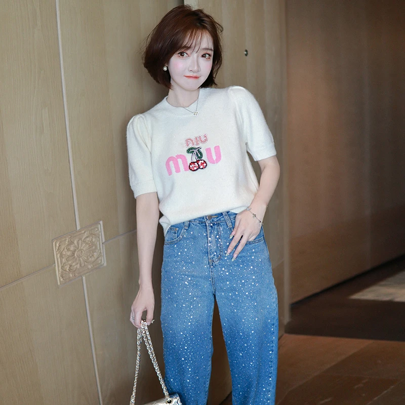 MIUCO泡泡袖樱桃钉钻针织T恤