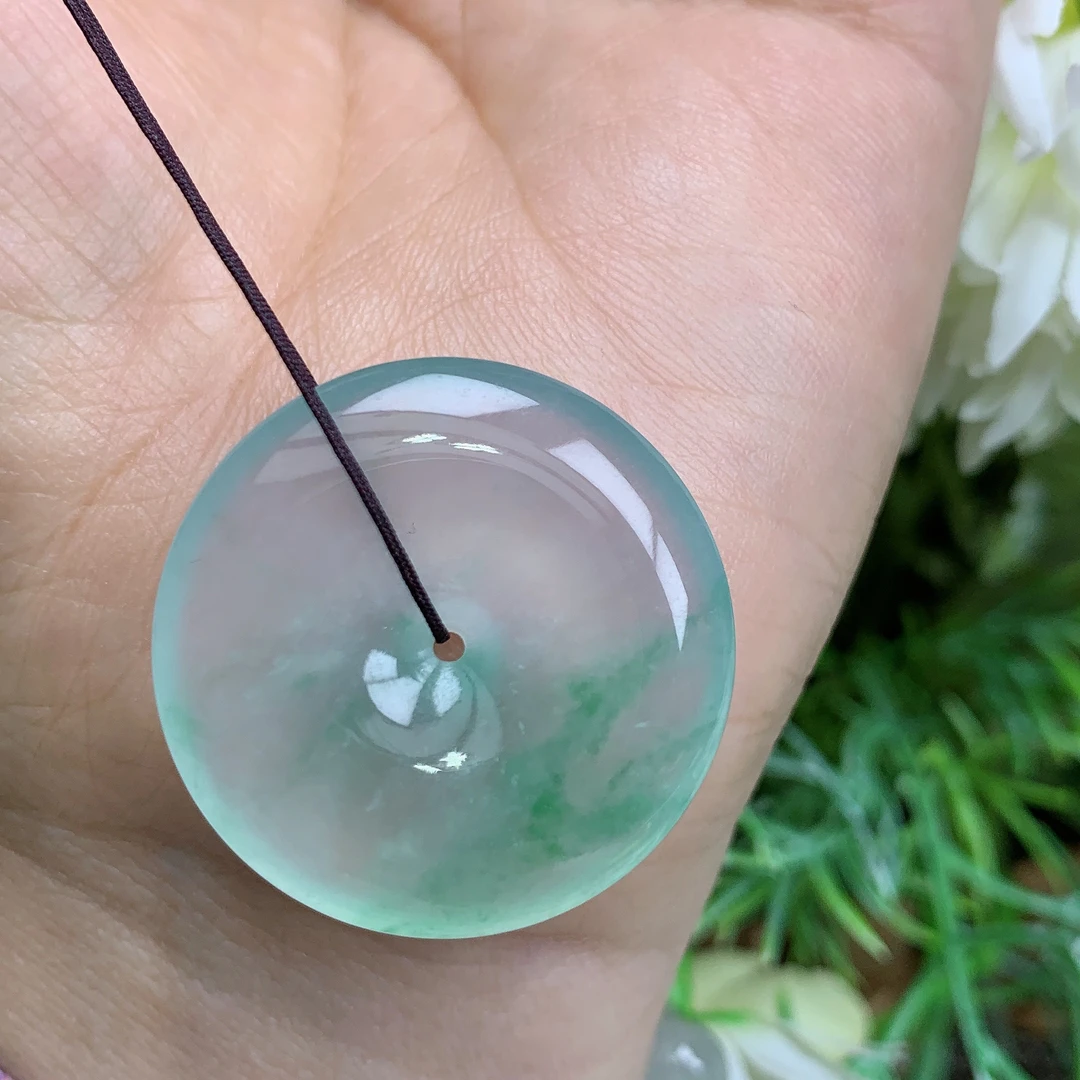 缅甸天然翡翠a货玉石高冰起光飘阳绿平安扣吊坠钟尺寸29.2/5.5mm