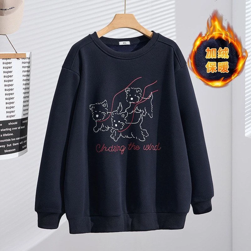 秋冬款胖MM大码女装长袖圆领上衣加绒印花韩版显瘦宽松学生卫衣