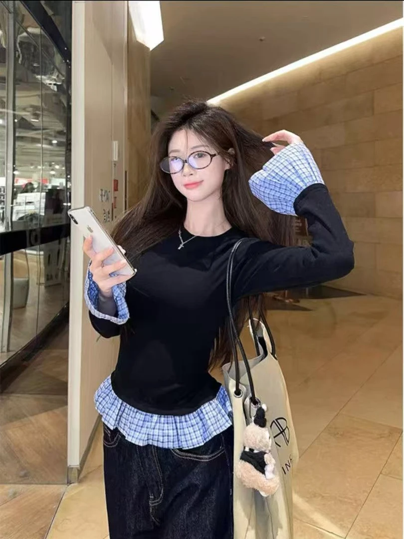 5561-C-韩版设计感拼接撞色百搭弹力打底衫