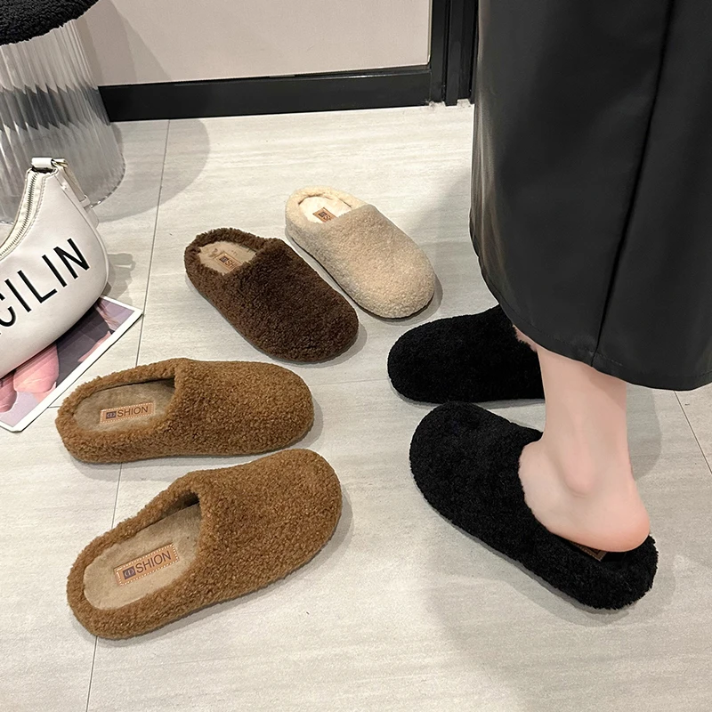 2025年秋冬新款保暖平底厚底包头拖女毛绒网红一脚蹬羊卷毛毛拖鞋