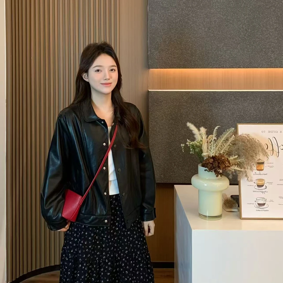 小羽酱小个子定制秋季韩系简约气质PU皮外套宽松百搭翻领皮衣夹克