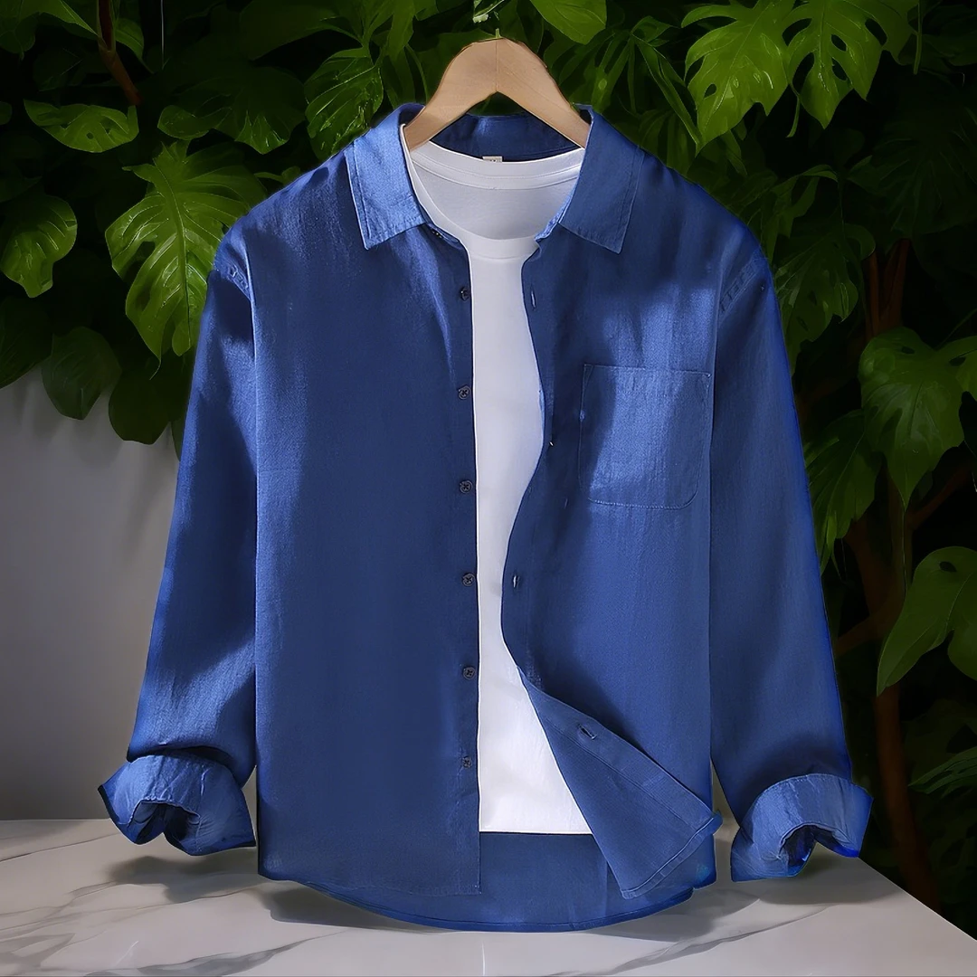 纯亚麻男士长袖衬衫2025春秋新款休闲复古宽松纯色薄款透气衬衣