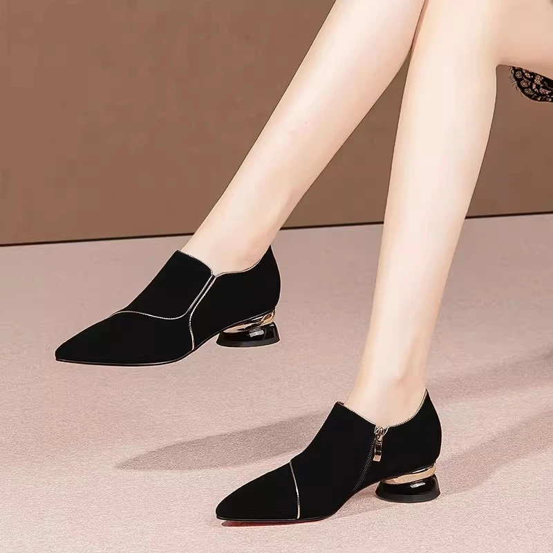 磨砂尖头妈妈低跟深口单鞋女粗跟2025春秋季新款时尚简约百搭舒适