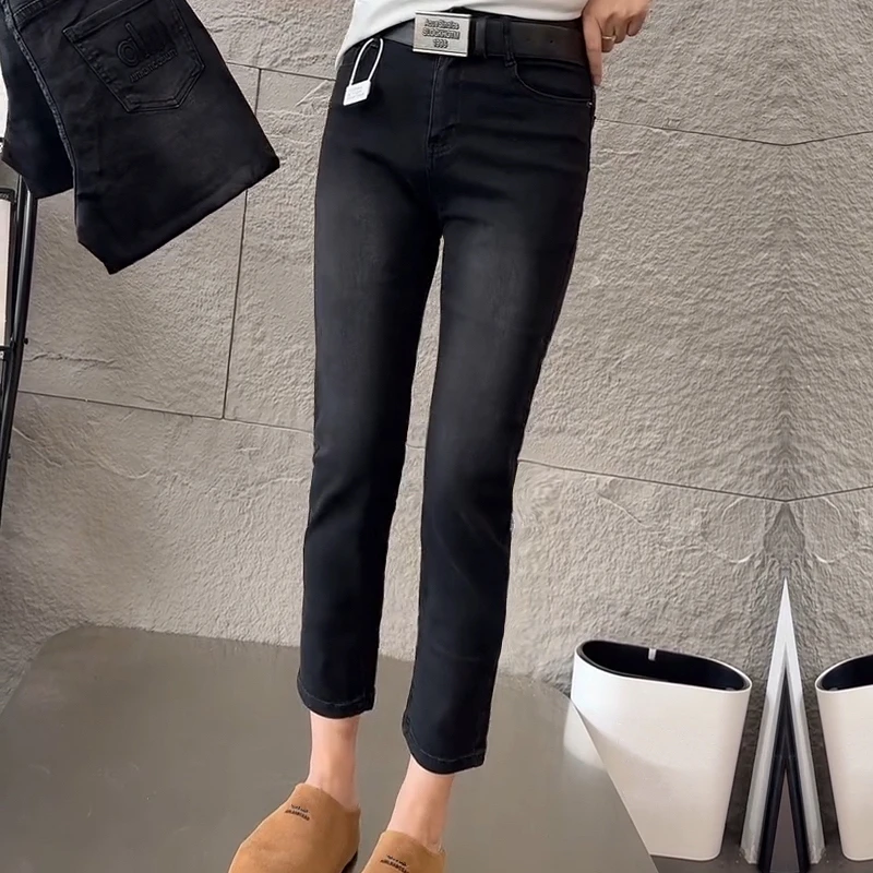 907秋季新款钢印大码高腰直筒牛仔裤梨形身材弹力显瘦八分烟管裤