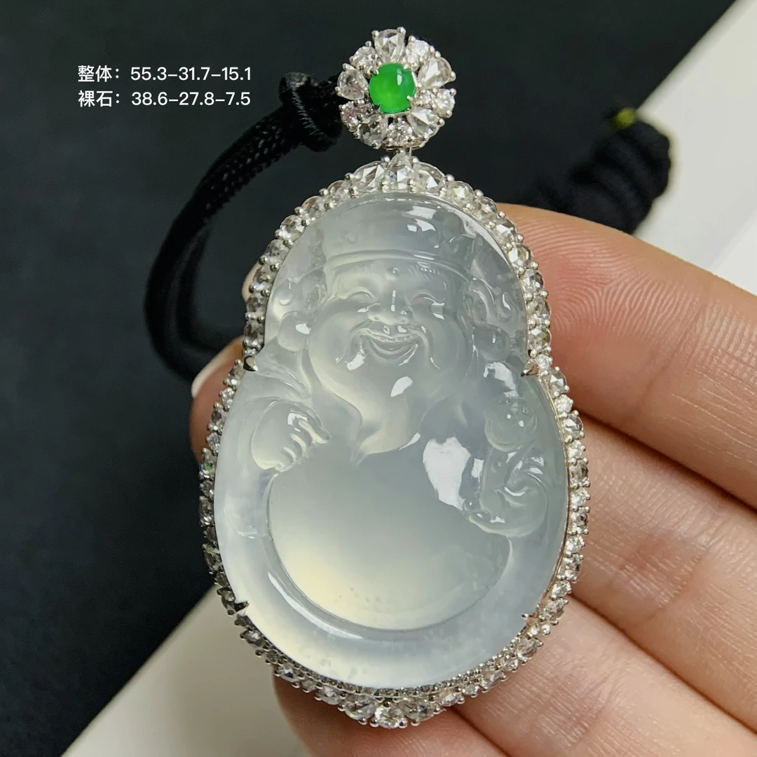 天然翡翠玻璃种木纳雪花棉大财神吊坠