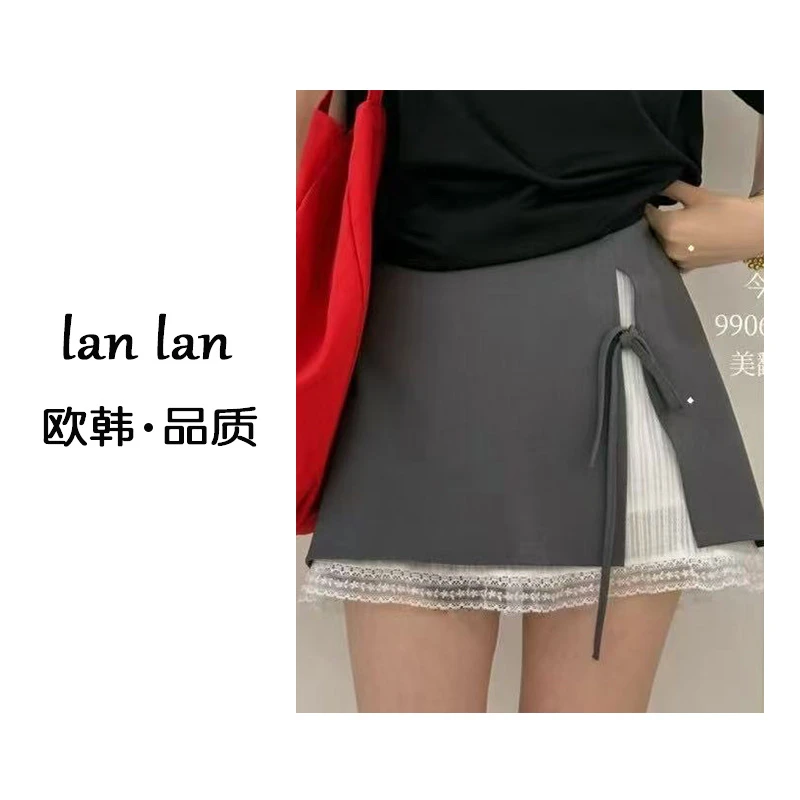 lanlan-夏上新【蕾丝两层侧系带】9906韩版显瘦高腰夏季短裙百搭
