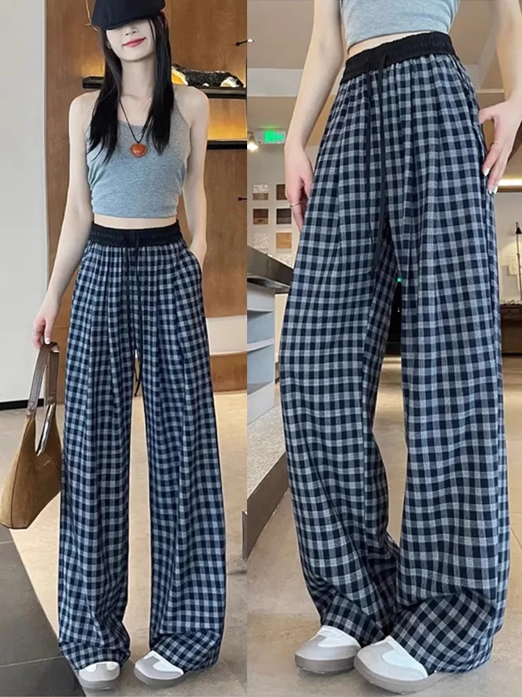 蓝色格子阔腿裤女2025新款夏季直筒小个子宽松休闲夏日慵懒风裤子