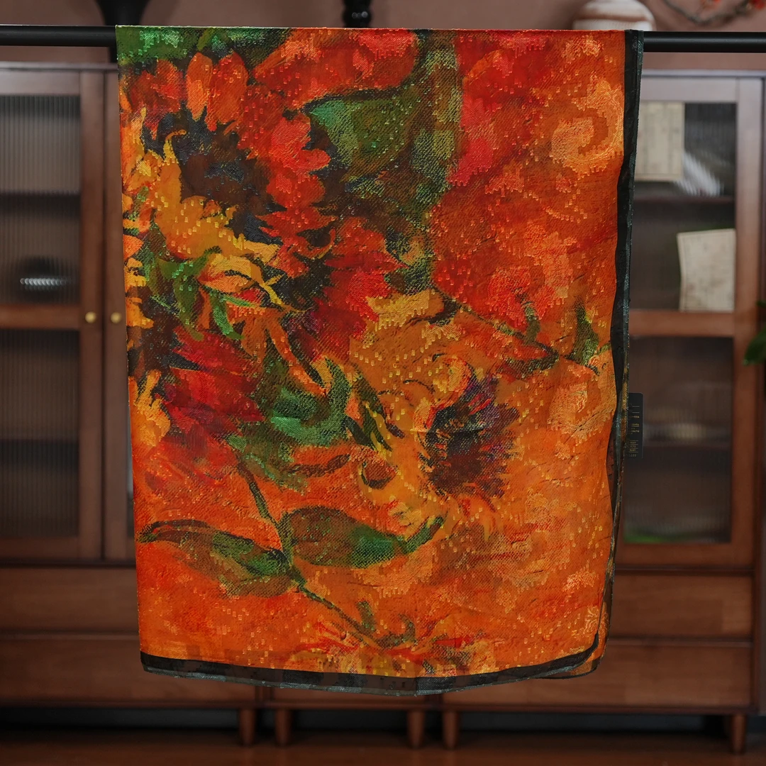 【A72-116 油画向日葵】140*140丝巾剪花气质双面夏季大方提花老料