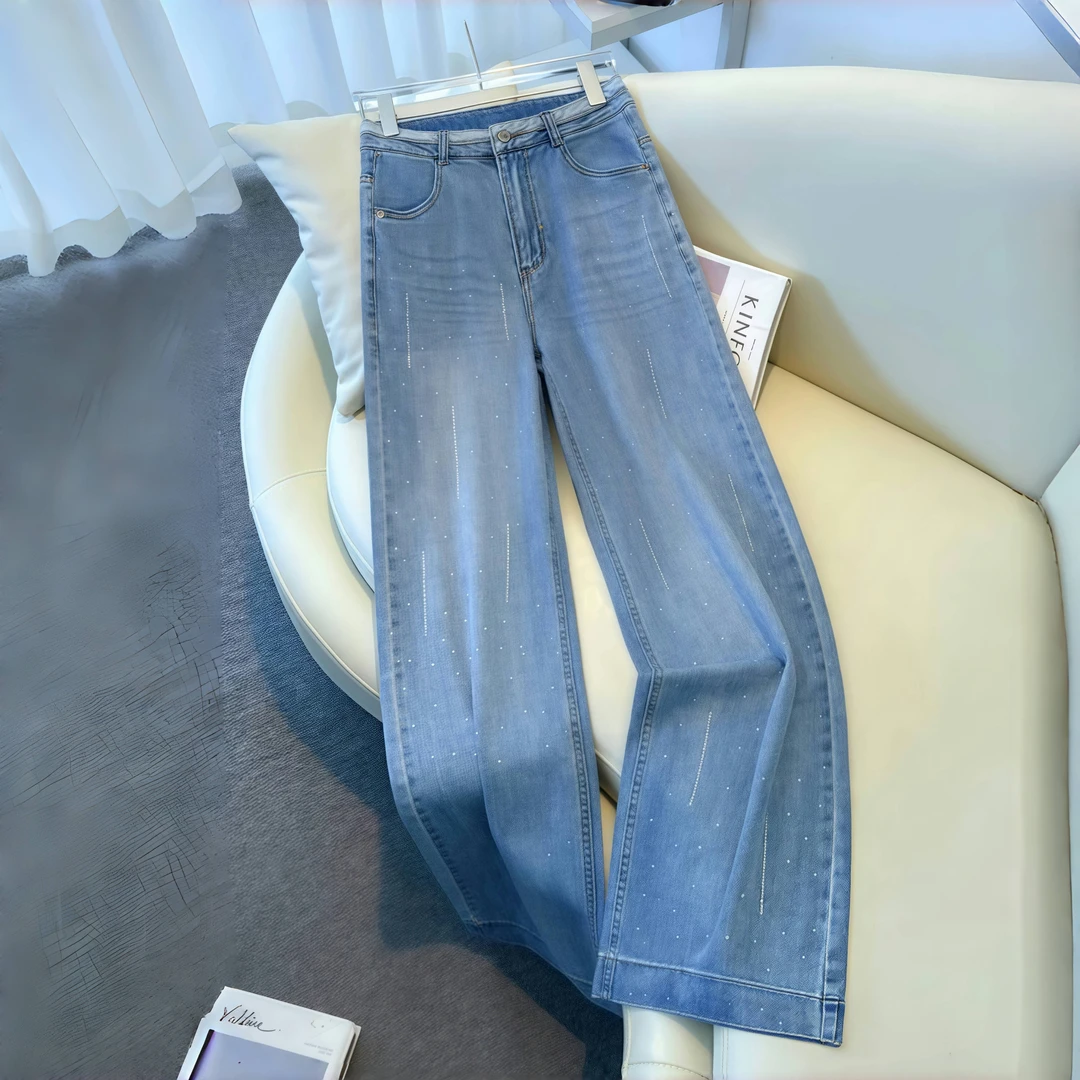 烫钻浅色直筒牛仔裤女夏季新款薄款小个子高腰显瘦垂感阔腿裤九分