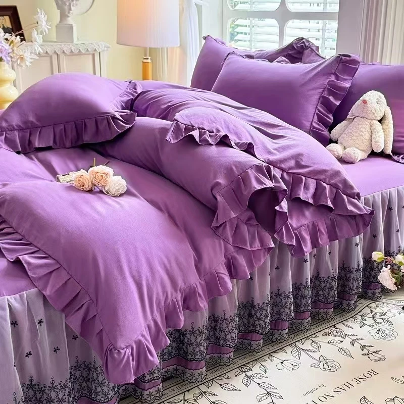 公主风直播间浮力纯色蕾丝床裙四件套