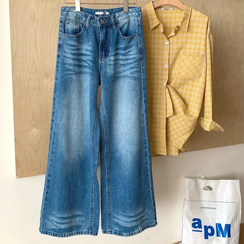 RENA美式复古水洗做旧阔腿牛仔裤女夏设计感折痕高腰垂感直筒长裤