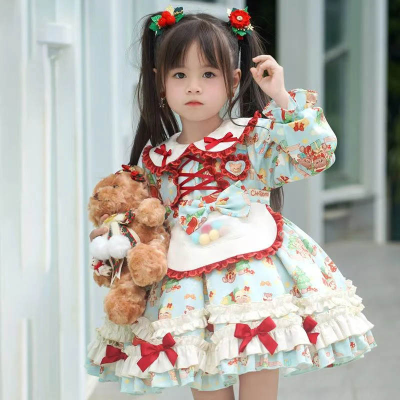 【小熊长袖洛丽塔】女童长袖洛丽塔小熊印花长袖公主连衣裙