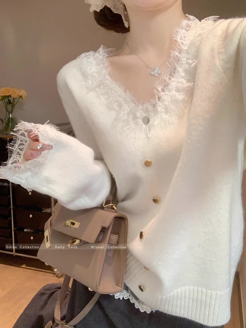 高级氛围感安迪绒蕾丝V领内搭针织打底衫秋冬季修身显瘦慵懒上衣