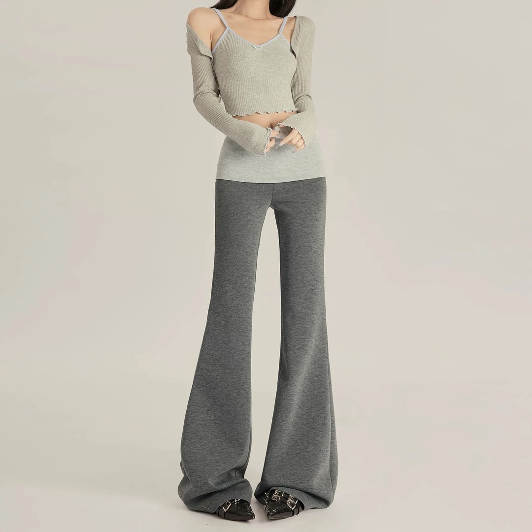 春季双色拼接微喇叭裤女2025年新款高腰修身显瘦马蹄裤