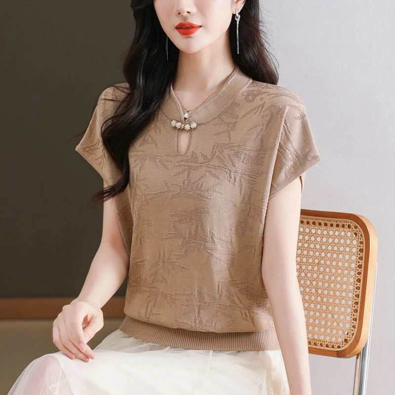 2025新款国风立领盘扣冰丝针织短袖T恤女夏百搭镂空复古旗袍上衣