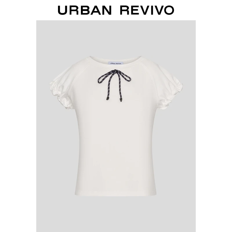 UR2025秋季新款女装休闲撞色蝴蝶结褶皱短袖T恤UYL450195