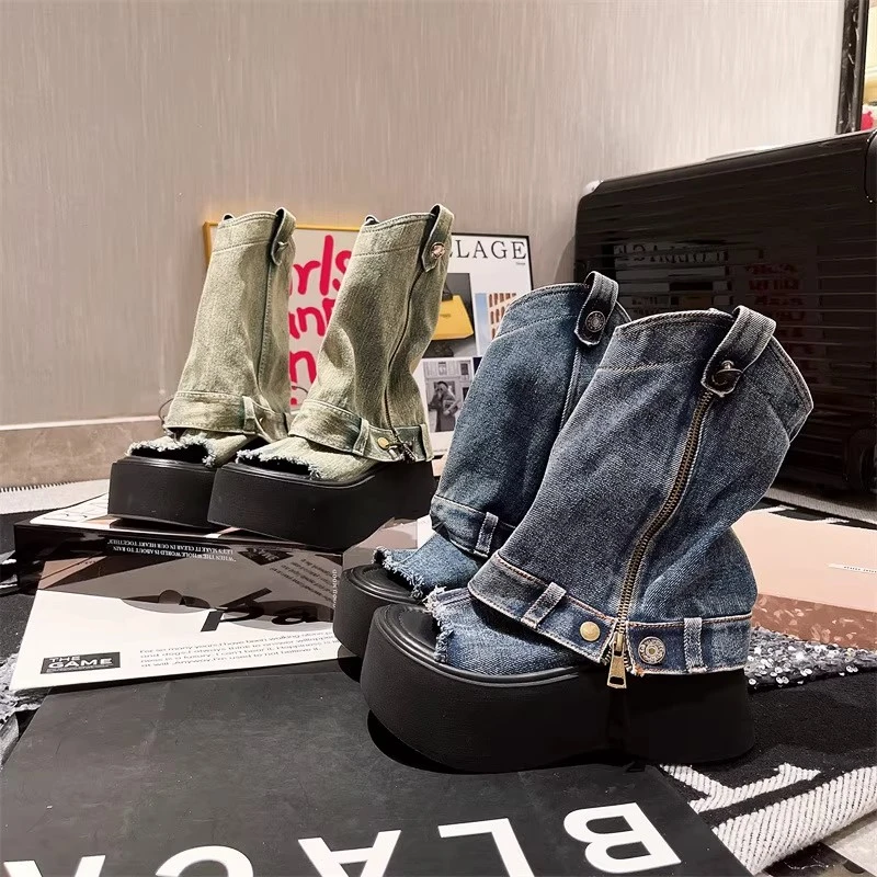 2025新款牛仔布厚底松糕两穿显瘦凉靴马丁靴机车靴辣妹瘦瘦靴女鞋