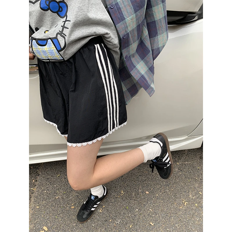 耶古蕾丝花边运动短裤夏季薄款松紧高腰韩版侧边拼条休闲阔腿裤子