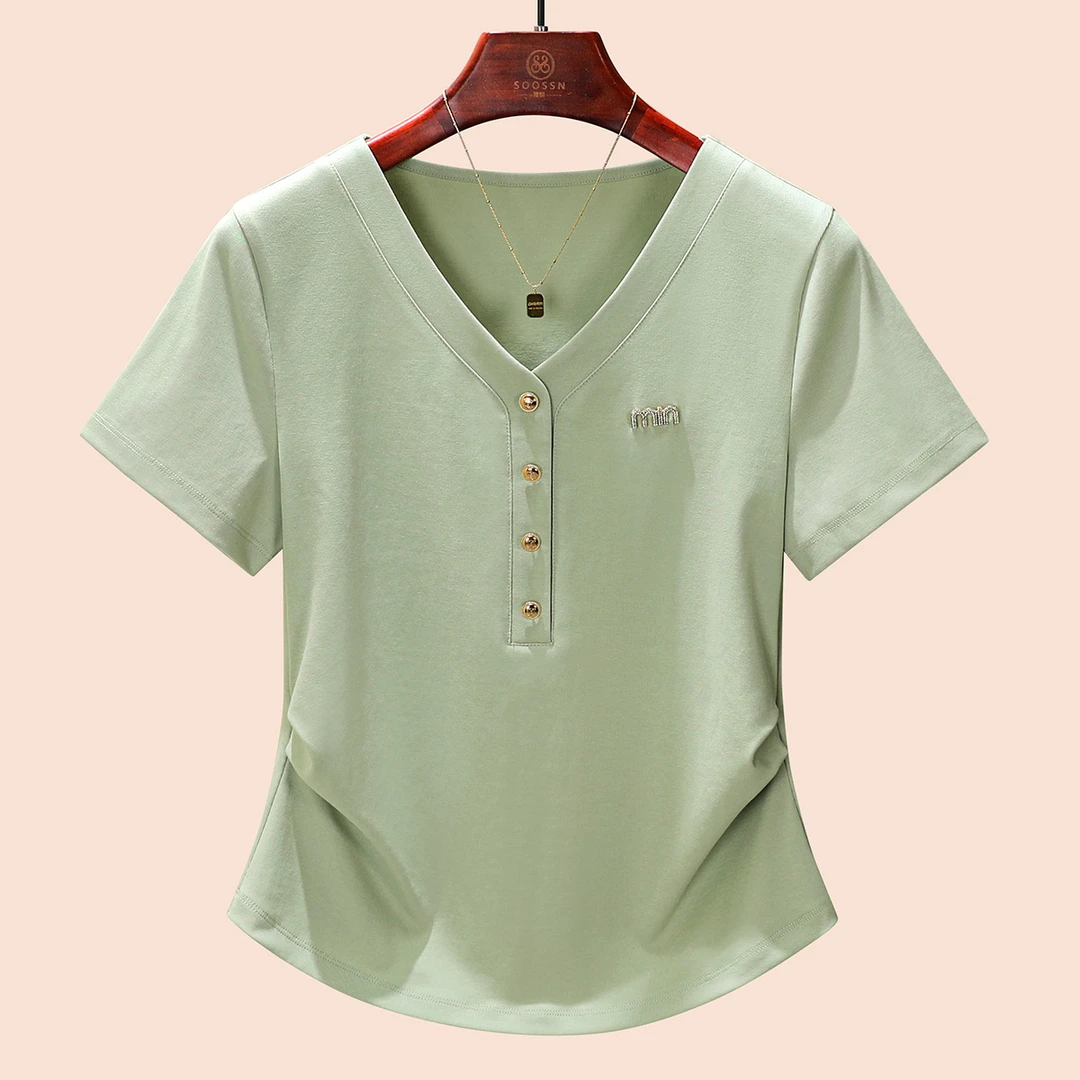 2025夏季新款设计感V领不规则弧形下摆韩版短袖t恤女半袖