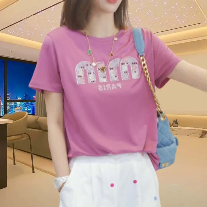 夏季宽松气质圆领短袖T恤2025新款时尚洋气字母设计休闲百搭上衣