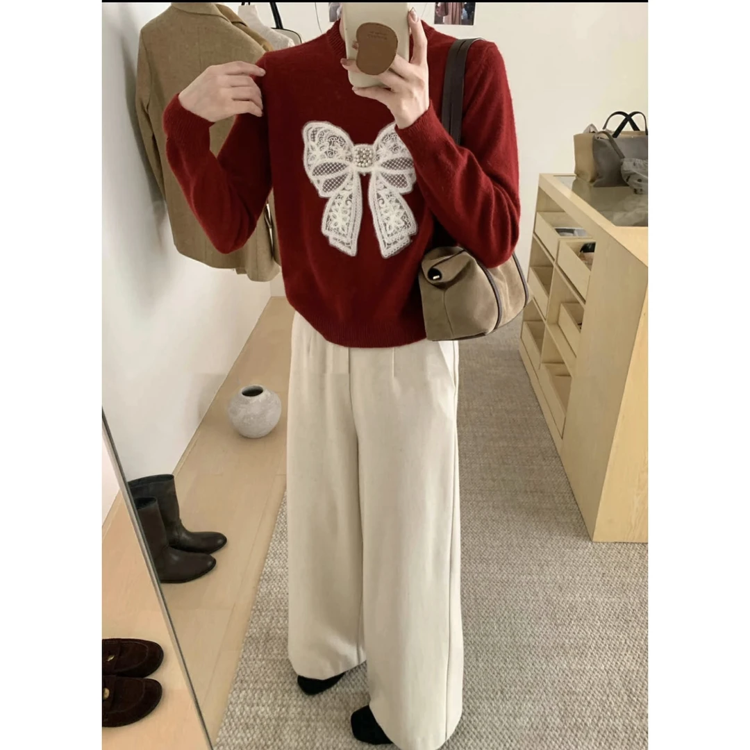 QIMO启茉（A194#x重工蝴蝶结圆领毛衣）安可拉红