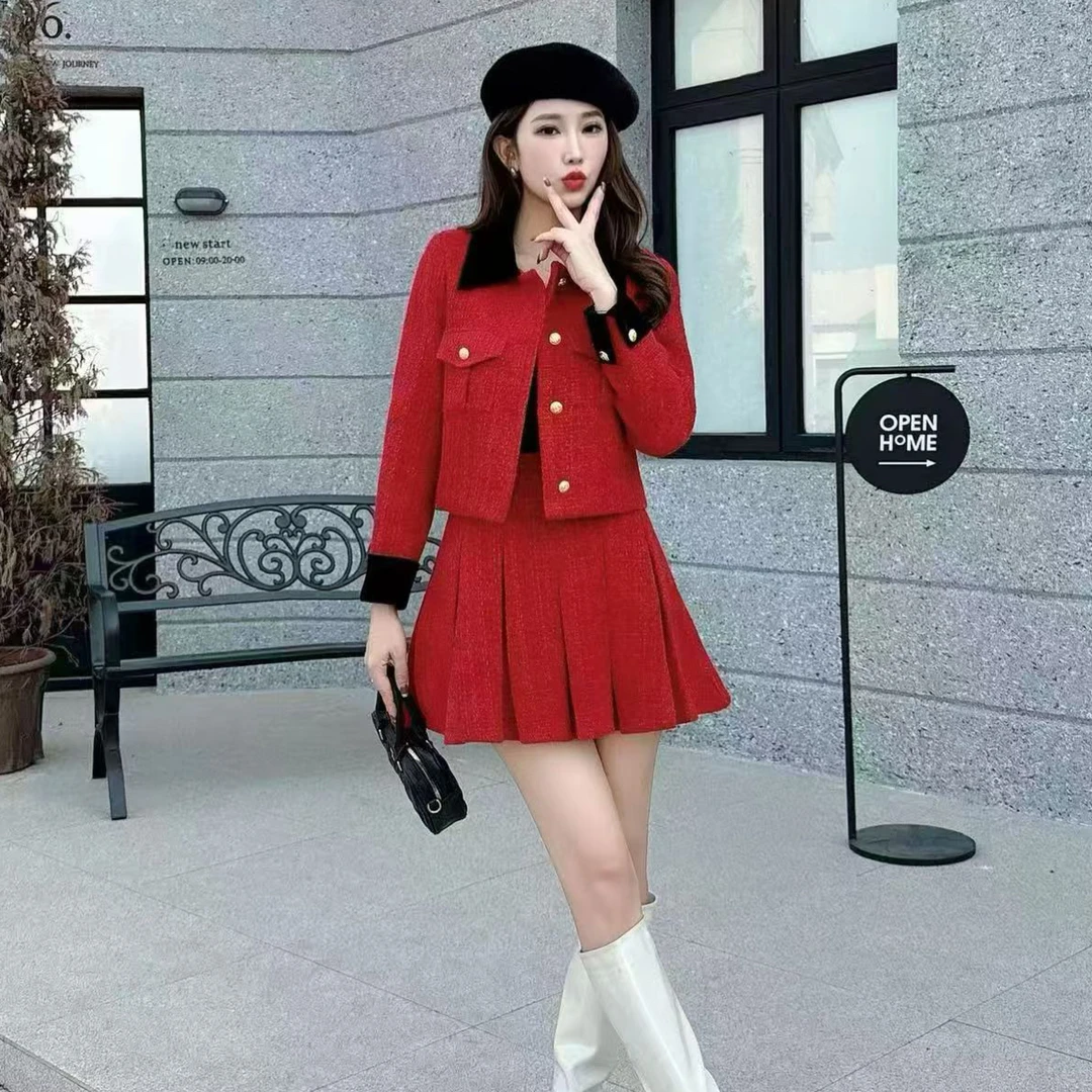 2025拼接小香风外套搭配洋气百褶裙秋冬加厚套装