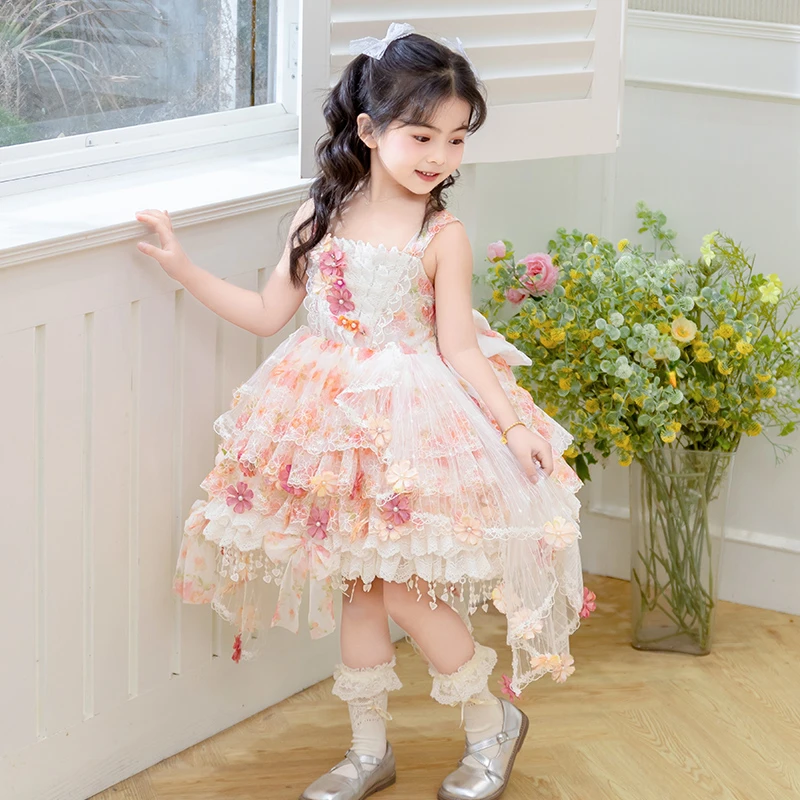 洛丽塔公主裙女童礼服花朵吊带蓬蓬裙儿童生日礼服裙女宝宝连衣裙