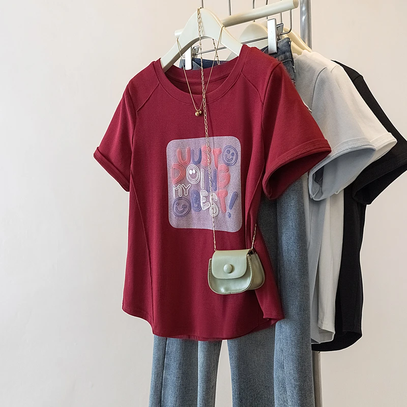 大码女装2025夏季新款减龄印花百搭圆领T恤短袖上衣2133