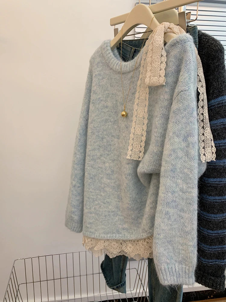 假两件蕾丝蝴蝶结奶呼呼软糯蓝色中长款毛衣女遮屁股慵懒风高级感