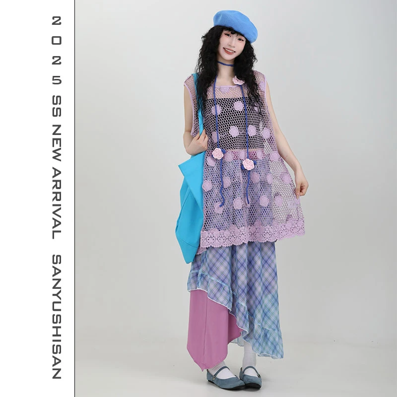 三与十三|紫藤花开|复古设计感立体花朵网纱无袖宽松圆领背心裙