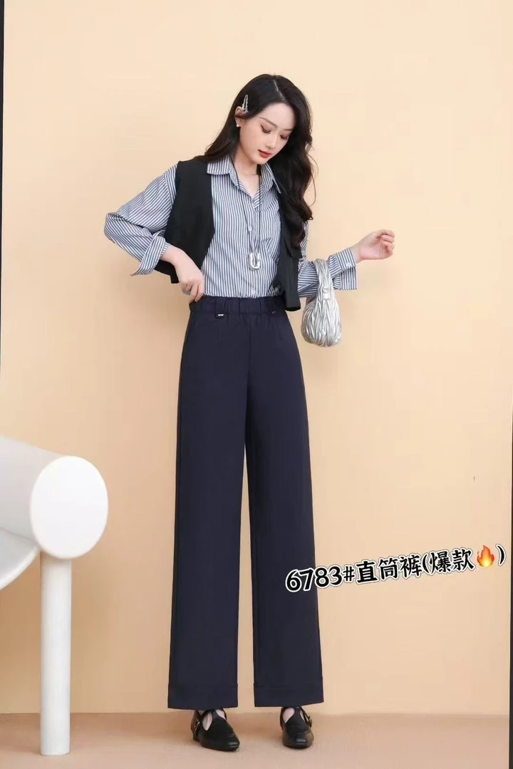 6783九分窄版松紧显瘦直筒裤