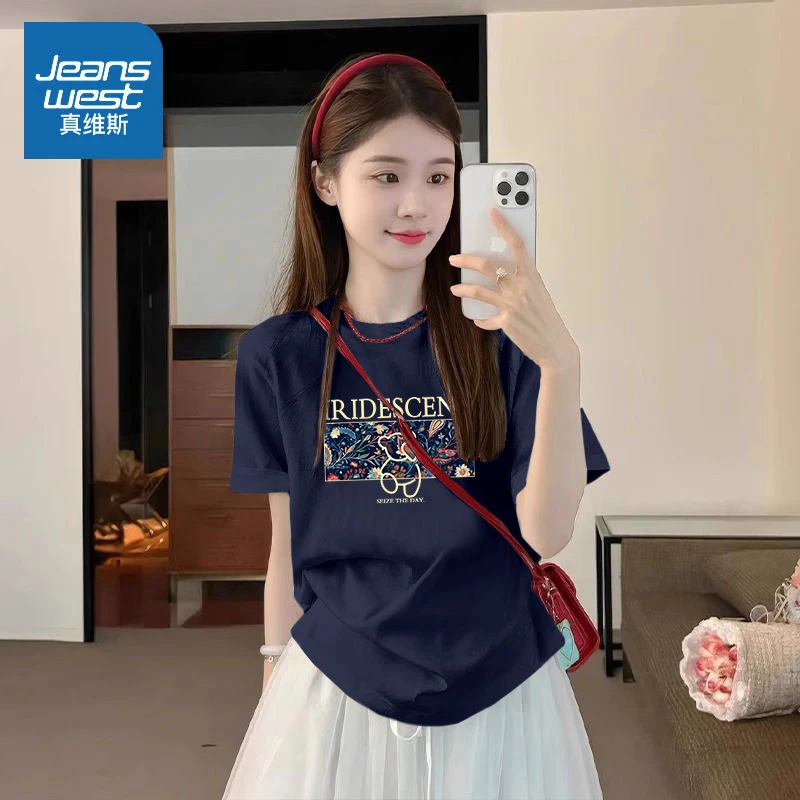 真维斯藏青色短袖t恤女矮胖纯棉宽松半袖高级感上衣小个子穿搭