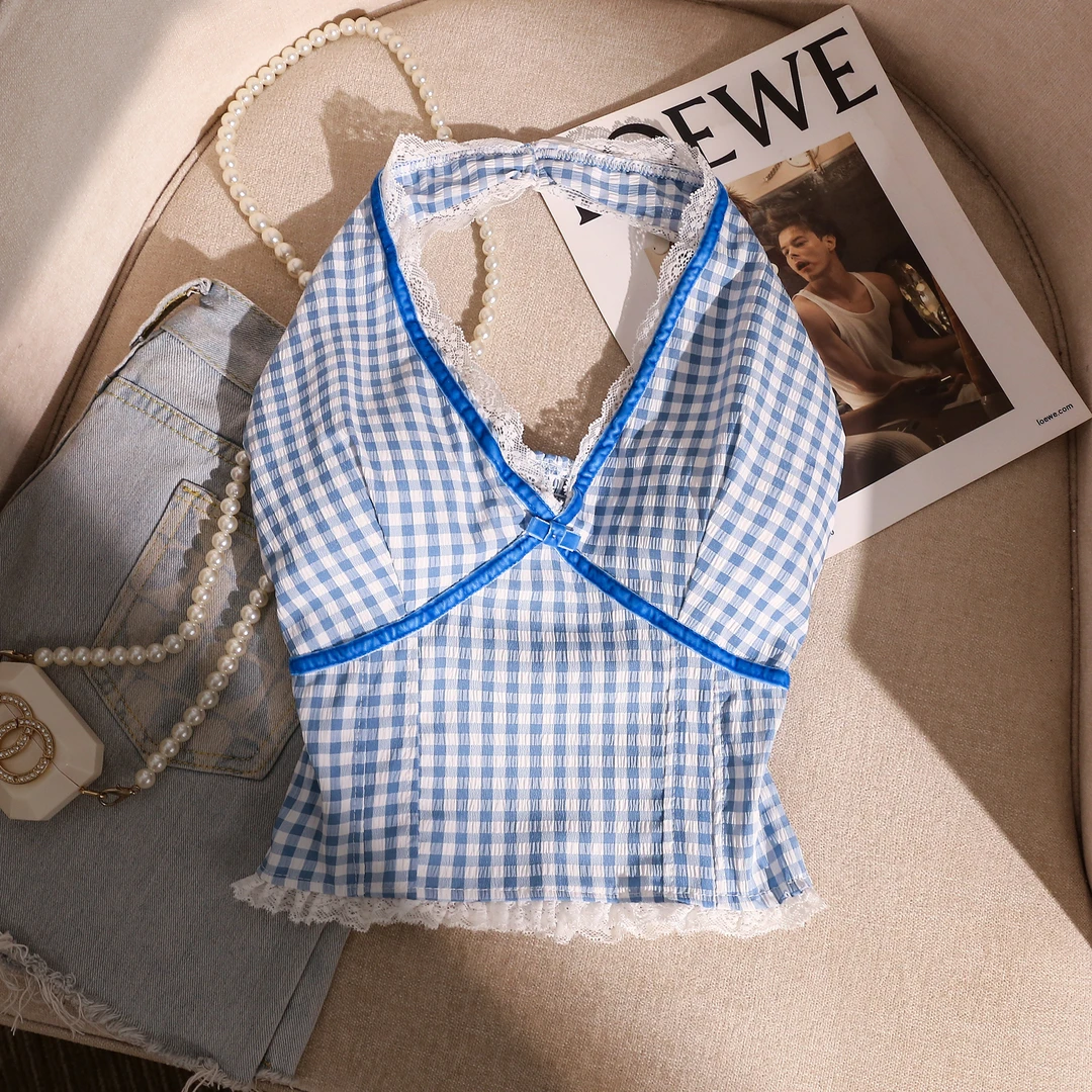 蕾丝花边格子挂脖吊带背心女外穿带胸垫性感美背辣妹修身抹胸上衣