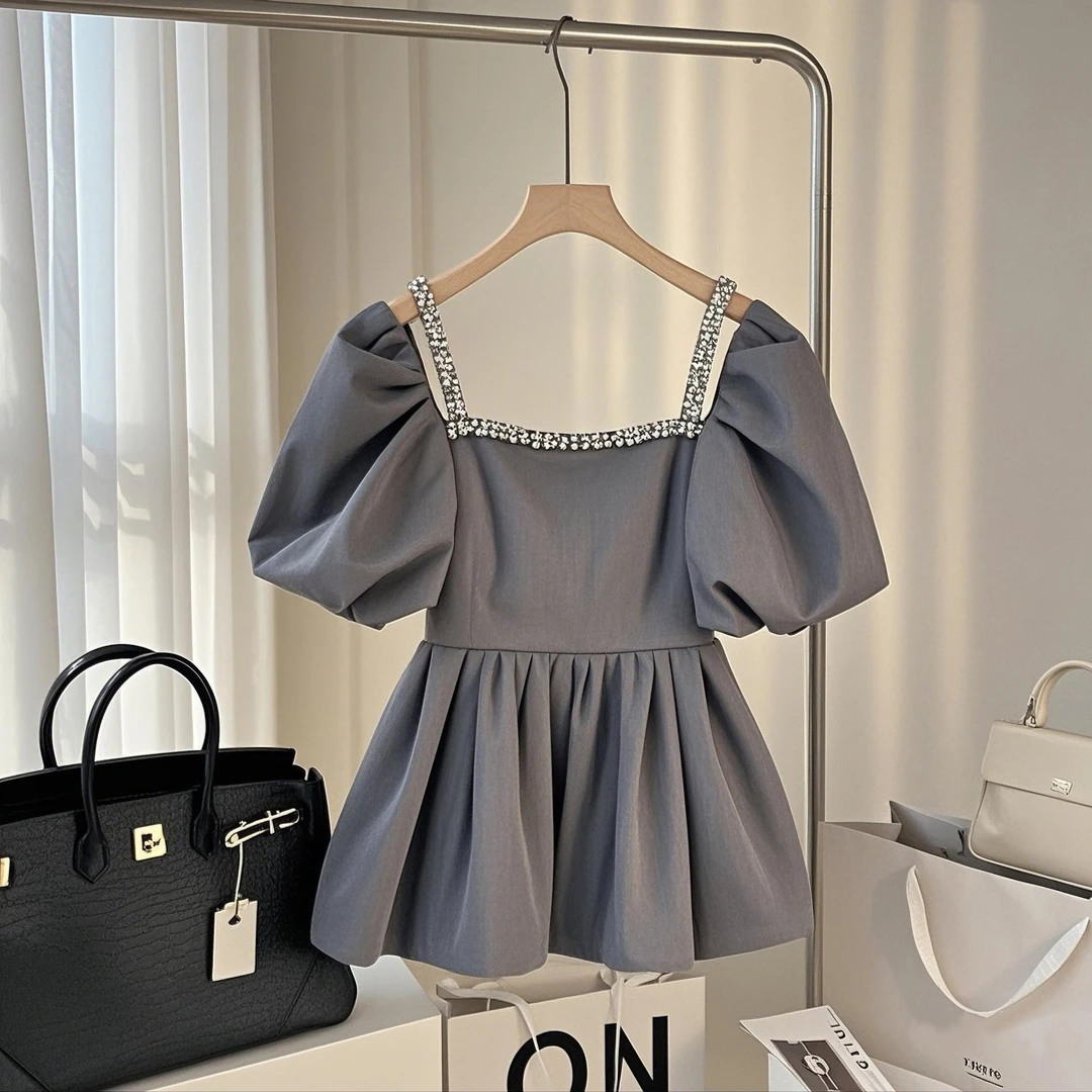 2025夏季新款法式方领重工钉珠高级感衬衫收腰设计感别致上衣小衫