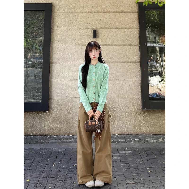 2025新款早秋季宽松慵懒风毛衣开衫外套韩系绿色长袖针织衫上衣女